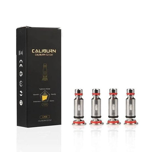 Uwell Caliburn G2 Coils 4-pack with mesh design for smooth vapor, shown with black retail box. Compatible with Caliburn pod kits.