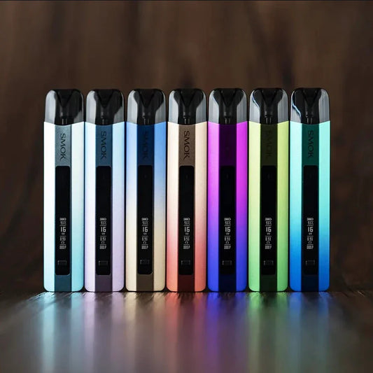 SMOK NFIX PRO Pod System - 25W compact vape devices in multiple gradient colors, featuring OLED screens and sleek pen-style design.