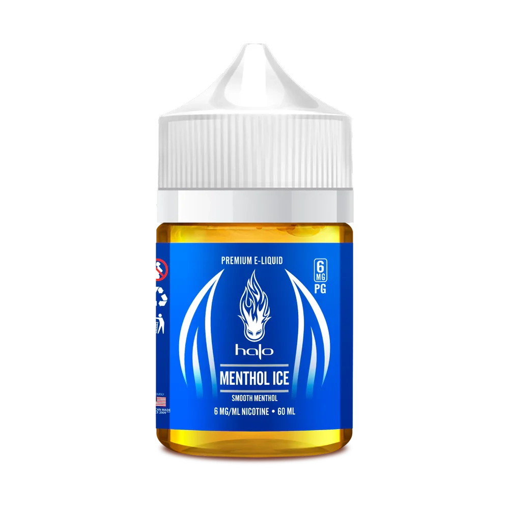 HALO E-LIQUID 60ML Menthol Ice flavor provides smooth menthol vaping in a blue-labeled bottle, great for menthol e-liquid fans in tobacco alternatives.