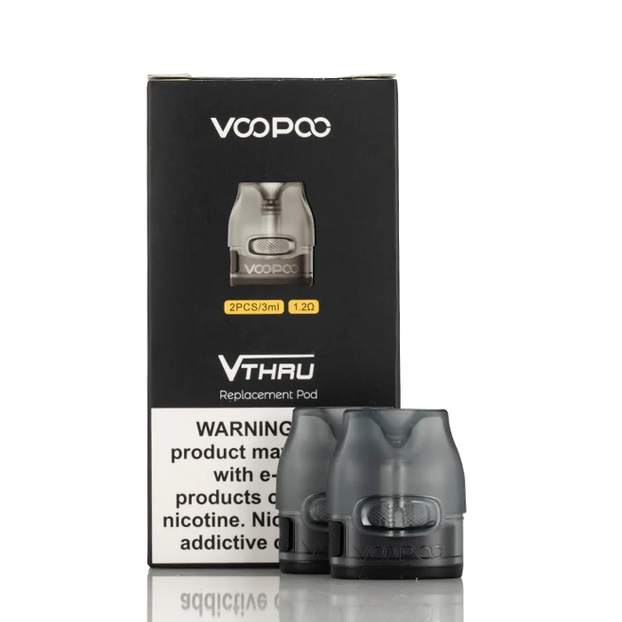VOOPOO V Thru Pro Pods 2-pack with 3mL capacity and 1.2ohm coil, featuring ergonomic design and secure locking system for vaping devices.