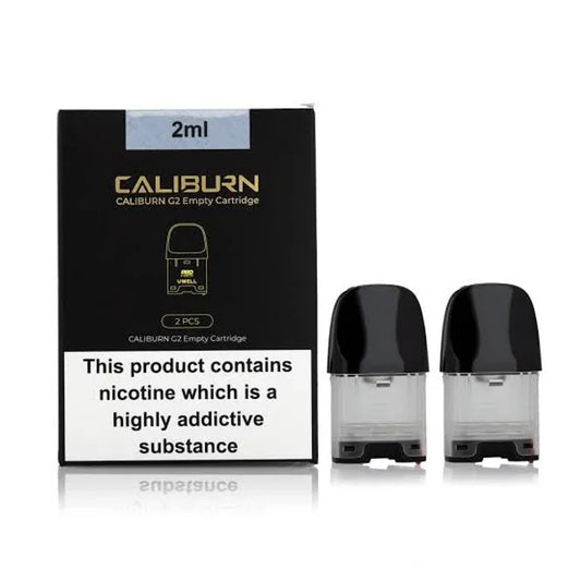 Uwell Caliburn G2 Pods with 2mL capacity and top fill design, shown with retail packaging and two replacement cartridges for vaping use.