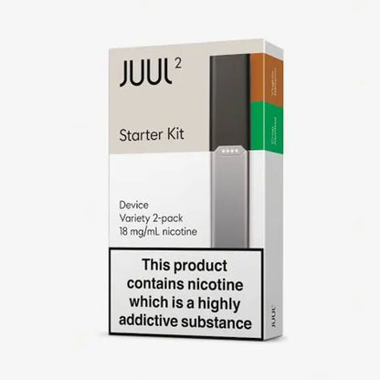 Juul 2 Starter Kit UK with 18mg nicotine pods in Virginia Tobacco and Crisp Menthol. Compact device and pod system for adult smokers.