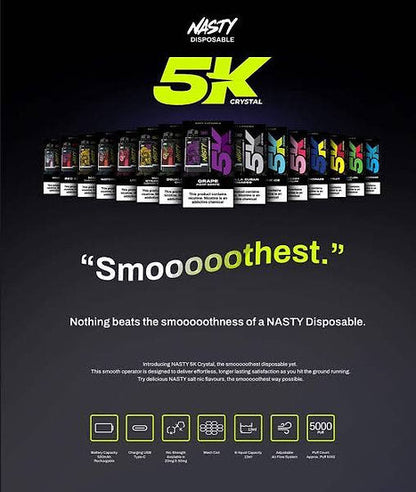 Promotional banner for Nasty 5K Crystal Vape - 5000 Puffs Disposable Device showcasing full flavor lineup with rechargeable battery and adjustable airflow.