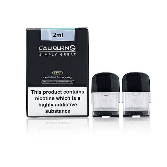 Uwell Caliburn G Pod Cartridge 2ml Replacement 2pcs Pack with retail box, ideal for Caliburn G system users seeking refillable vape pods.