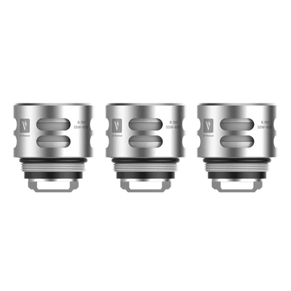 Three Vaporesso SKRR QF sub ohm coils lined up, designed for Luxe Kit with Flex Fibre wicks for clean flavor and high VG e-liquid compatibility.