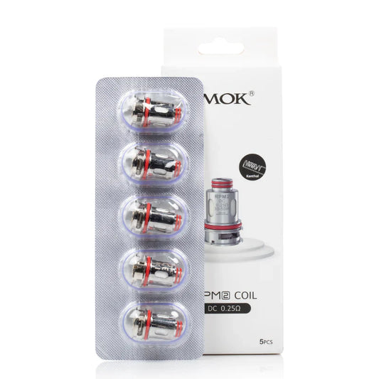 SMOK RPM 2 Coils 0.25ohm DC in blister pack of five with branded box. Ideal for MTL vaping with easy press-fit design.