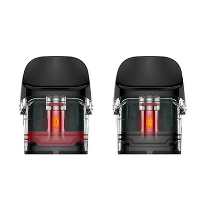Close-up of Vaporesso Luxe Q pods showing internal mesh coils glowing red, highlighting 0.8ohm and 1.2ohm heating elements for optimal flavor.