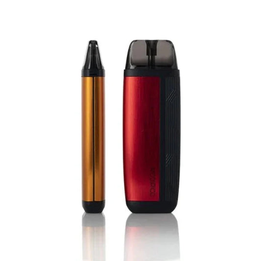 VOOPOO FIND S 12W Pod System in red and gold shown side by side, featuring sleek, compact design for eJuice vaping.