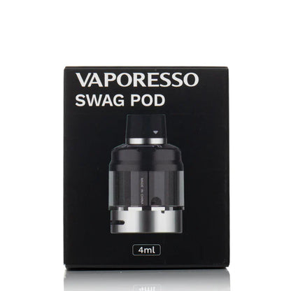 Box of Vaporesso SWAG PX80 Replacement Pod with 4mL label, designed for GTX coils and quarter-turn top fill system.