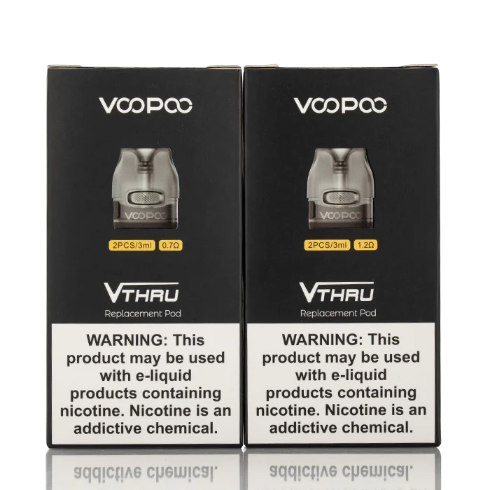 VOOPOO V Thru Pro Pods 2-pack in 0.7ohm and 1.2ohm coil options, ideal for customizable vaping with secure e-liquid containment.