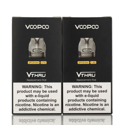 VOOPOO V Thru Pro Pods 2-pack in 0.7ohm and 1.2ohm coil options, ideal for customizable vaping with secure e-liquid containment.