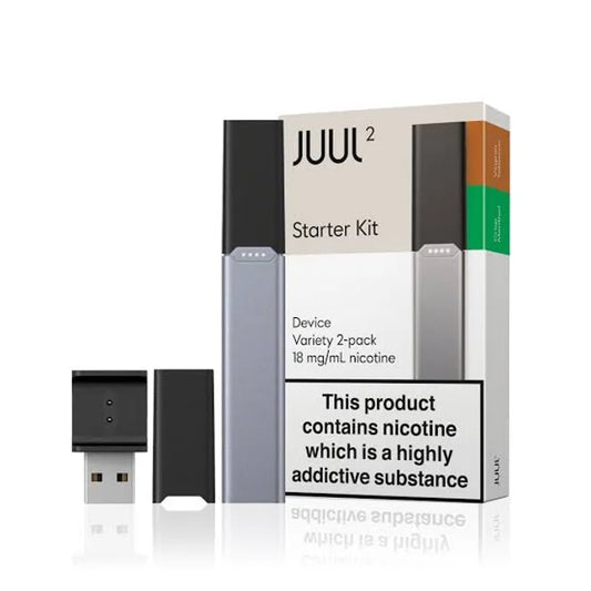 Juul 2 Starter Kit UK with 18mg nicotine pods, USB charger, and sleek device. Includes Virginia Tobacco and Crisp Menthol pod flavors.