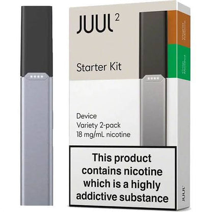 Juul 2 Starter Kit UK featuring 18mg/ml nicotine pods in a 2-pack. Includes device and tobacco-flavored pods for smooth vaping experience.