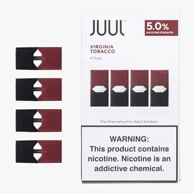 JUUL Virginia Tobacco Pods 5% packaging with four pods and nicotine warning, ideal for tobacco lovers wanting a strong 5% nicotine experience.
