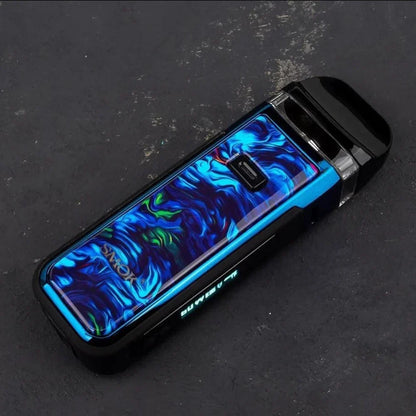 Blue swirl SMOK NORD X Pod System with 60W output and RPM coil compatibility on dark background, ideal for powerful vaping.