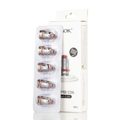 Pack of five SMOK RPM 2 Mesh 0.16ohm coils shown with retail box. Perfect for direct-to-lung vaping with mesh heating element.