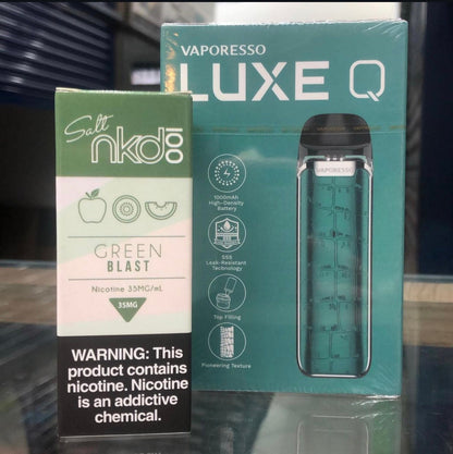 Vaporesso Luxe Q Pod System in green with NKD 100 Green Blast eJuice, highlighting compatibility with nicotine salts and 1000mAh battery.