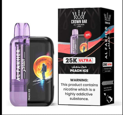 AL Fakher Crown 25k Max - FreeBase 5mg Peach Ice vape with astronaut design and premium packaging. Ideal for smooth shisha flavor lovers.