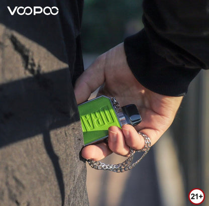 Green VOOPOO Drag Nano 2 Pod System held in hand, showcasing its compact design and portability for discreet vaping on the go.