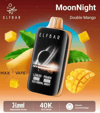 Elfbar Moonlight 40000 Puffs Double Mango vape with orange-yellow body, mango chunks and leaves. Smooth nicotine salt flavor, Karnataka delivery.