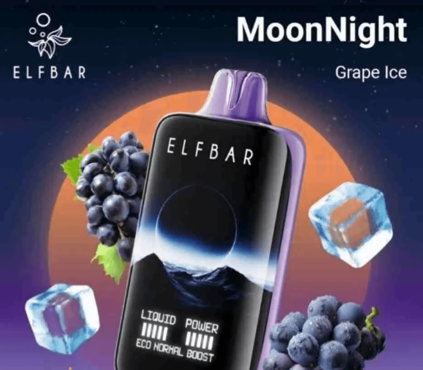 Elfbar Moonlight 40000 Puffs Grape Ice vape with sleek black-purple design, surrounded by grapes and ice cubes. Available in Karnataka, India.