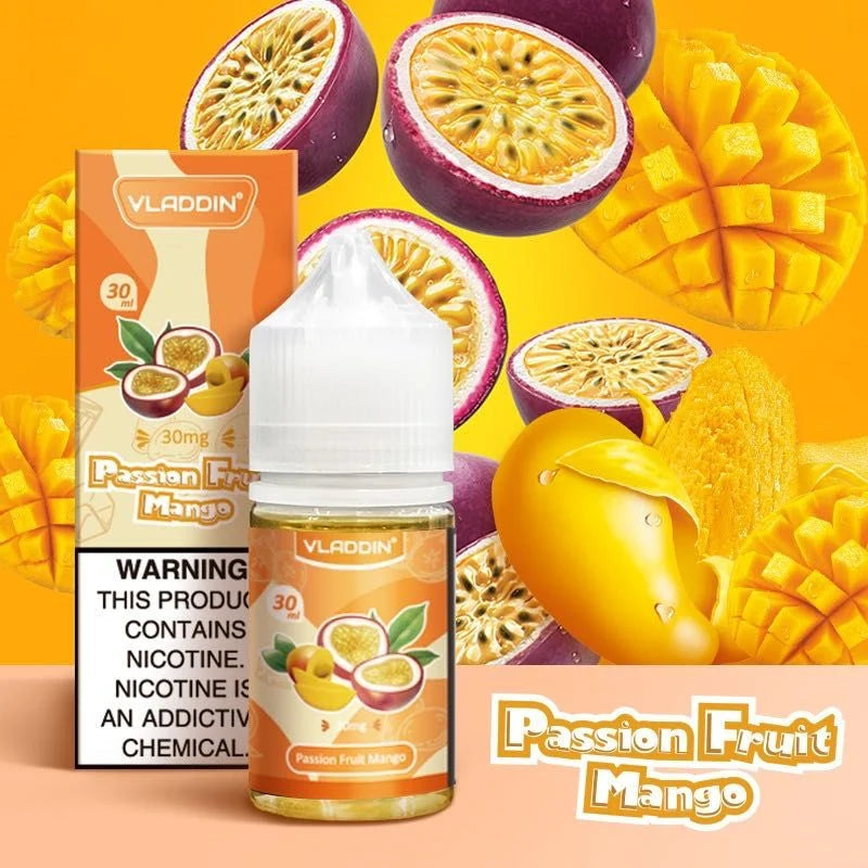 Vladdin Salt E-Juice 30ml - Nicotine Boost in Passion Fruit Mango flavor, a tropical blend for a vibrant and smooth vaping experience.