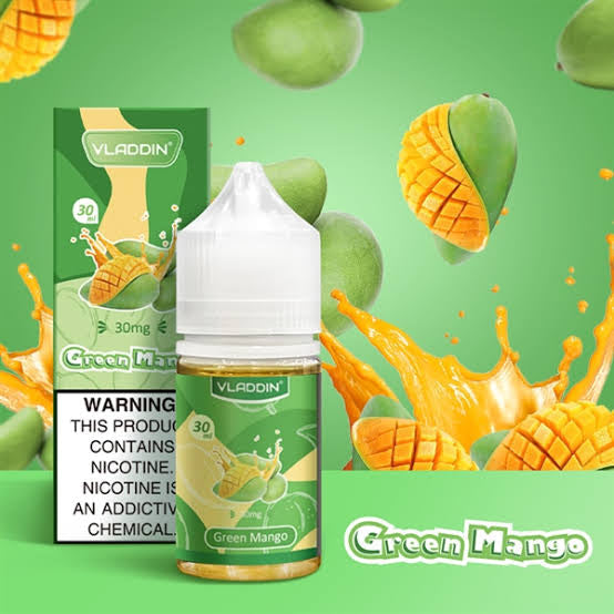 Vladdin Salt E-Juice 30ml - Nicotine Boost in Green Mango flavor, delivering a tangy and exotic fruit taste for pod vaping.
