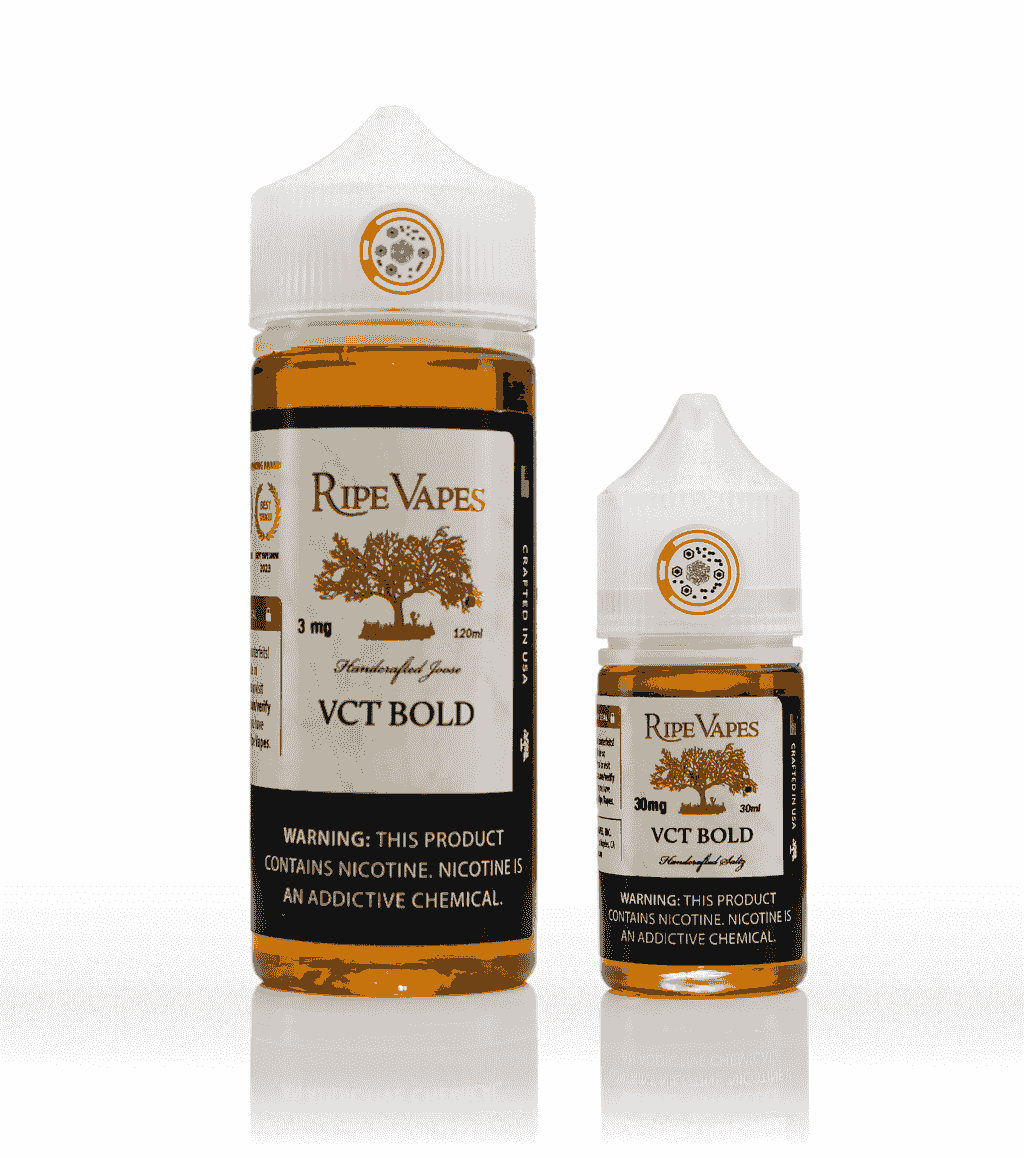 Ripe Vapes VCT Bold Nic Salt e-liquid in 120ml and 30ml bottles, ideal for tobacco flavor vape enthusiasts seeking bold nicotine satisfaction.