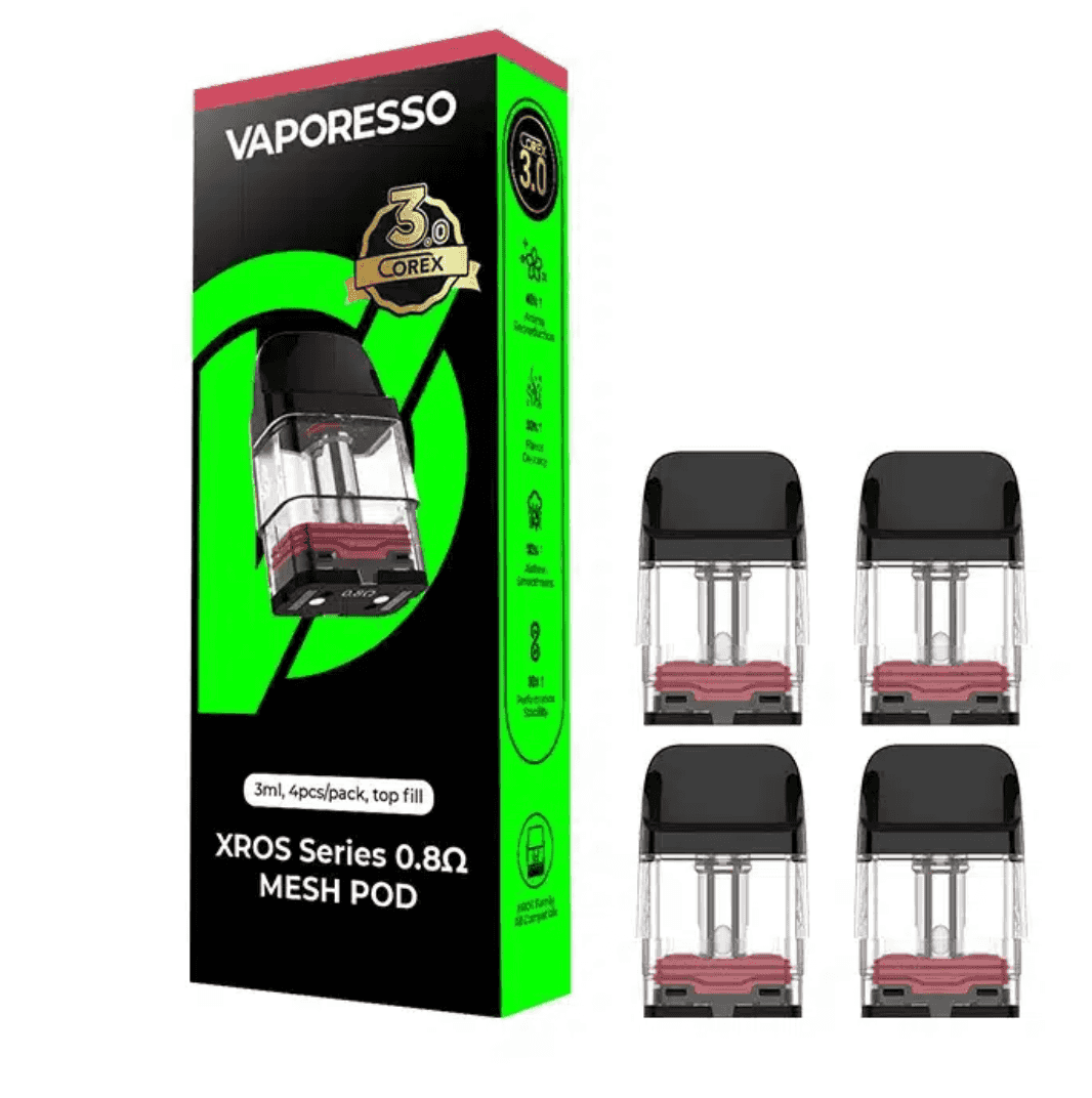 Vaporesso Xross Replacement Pods 0.8Ω 3ml 4-pack with COREX 3.0 mesh coil for optimal flavor and leak prevention in vaping devices.