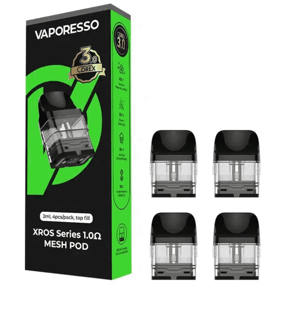 Vaporesso Xross Replacement Pods 1.0Ω 2ml 4-pack featuring COREX 3.0 mesh technology for enhanced taste and efficient heating.