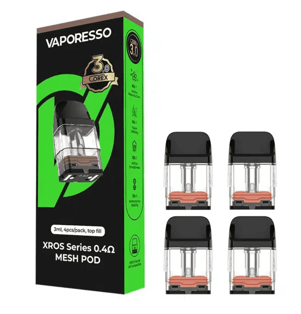 Vaporesso Xross Replacement Pods 0.4Ω 3ml 4-pack designed with COREX 3.0 mesh coils for fast heating and superior vapor production.