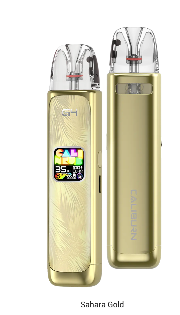 Sahara Gold Caliburn G4 vape kit with premium metallic finish and 35W output, ideal for stylish and powerful vaping sessions.