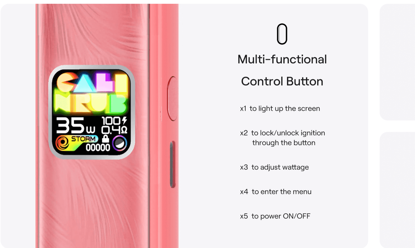 Caliburn G4 multifunctional control button guide on Flamingo Red model, detailing screen, wattage, and power functions for user control.