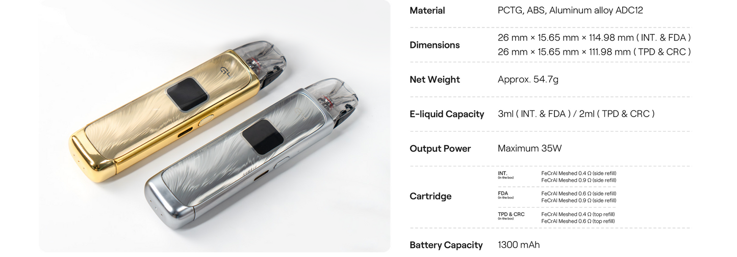 Caliburn G4 vape kit specs showing Sahara Gold and Silver models with 1300mAh battery, 3ml capacity, and 35W output for optimal vaping.