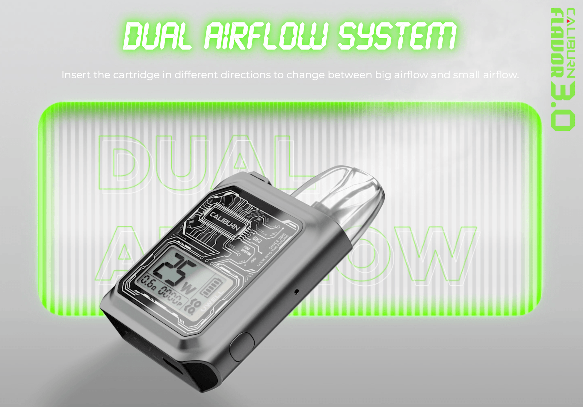 Uwell Caliburn GK3 25W Pod Kit System with dual airflow system, allowing directional cartridge insertion for adjustable airflow experience.