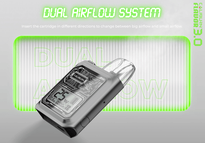 Uwell Caliburn GK3 25W Pod Kit System with dual airflow system, allowing directional cartridge insertion for adjustable airflow experience.
