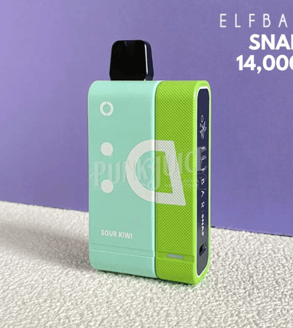 Close-up of Elf Bar Snap EW14000 Sour Kiwi vape with 14000 puffs and 16ml e-liquid, designed for smooth vaping and easy recharging.