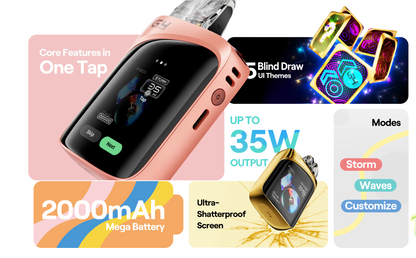 Caliburn G4 Pro KOKO Pod System Kit with 2000mAh battery, 35W output, and shatterproof screen, emphasizing power and durability in vaping.