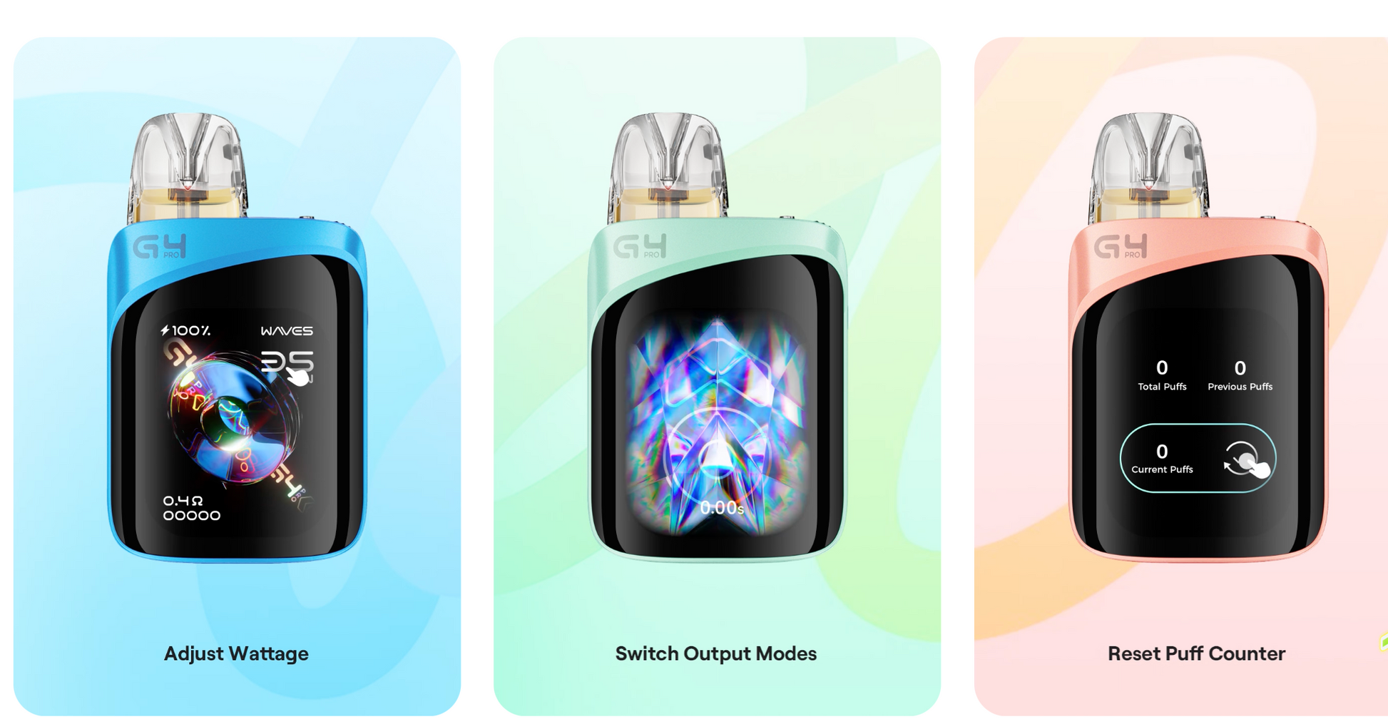 Caliburn G4 Pro KOKO Pod System Kit in blue, green, and pink showing wattage adjustment, mode switching, and puff counter reset features.
