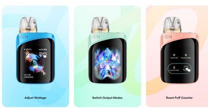 Caliburn G4 Pro KOKO Pod System Kit in blue, green, and pink showing wattage adjustment, mode switching, and puff counter reset features.