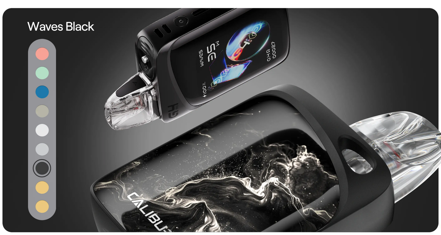 Waves Black Caliburn G4 Pro KOKO Pod System Kit with elegant black swirl design and color options, combining aesthetics with performance.