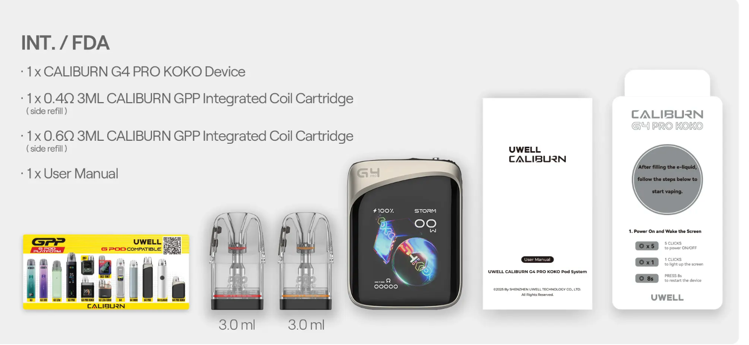 Caliburn G4 Pro KOKO Pod System Kit full package contents including device, cartridges, and user manual, ideal for new and experienced vapers.