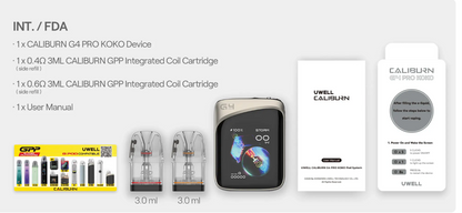 Caliburn G4 Pro KOKO Pod System Kit full package contents including device, cartridges, and user manual, ideal for new and experienced vapers.