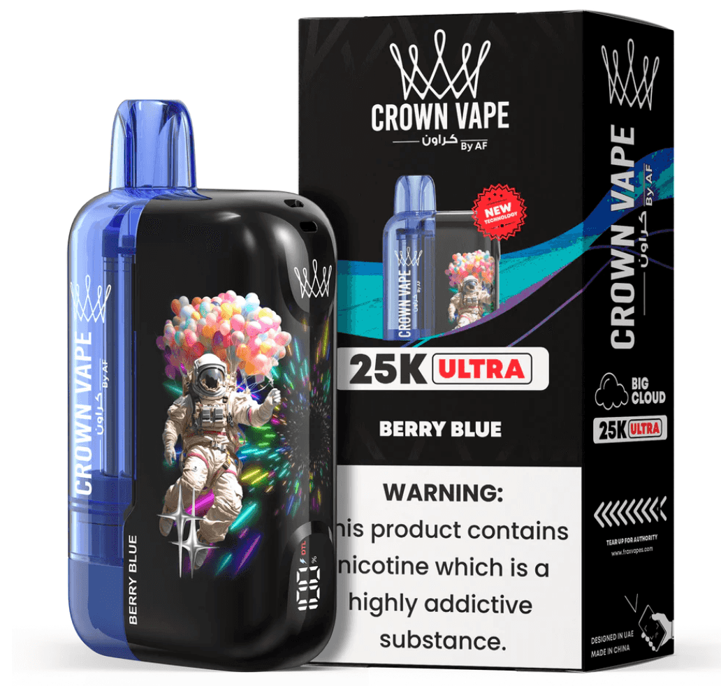AL Fakher Crown 25k Max - FreeBase 5mg Berry Blue vape featuring astronaut with balloons artwork. Premium shisha experience in stylish design.