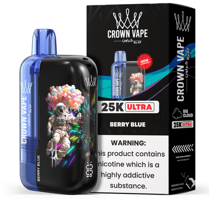 AL Fakher Crown 25k Max - FreeBase 5mg Berry Blue vape featuring astronaut with balloons artwork. Premium shisha experience in stylish design.