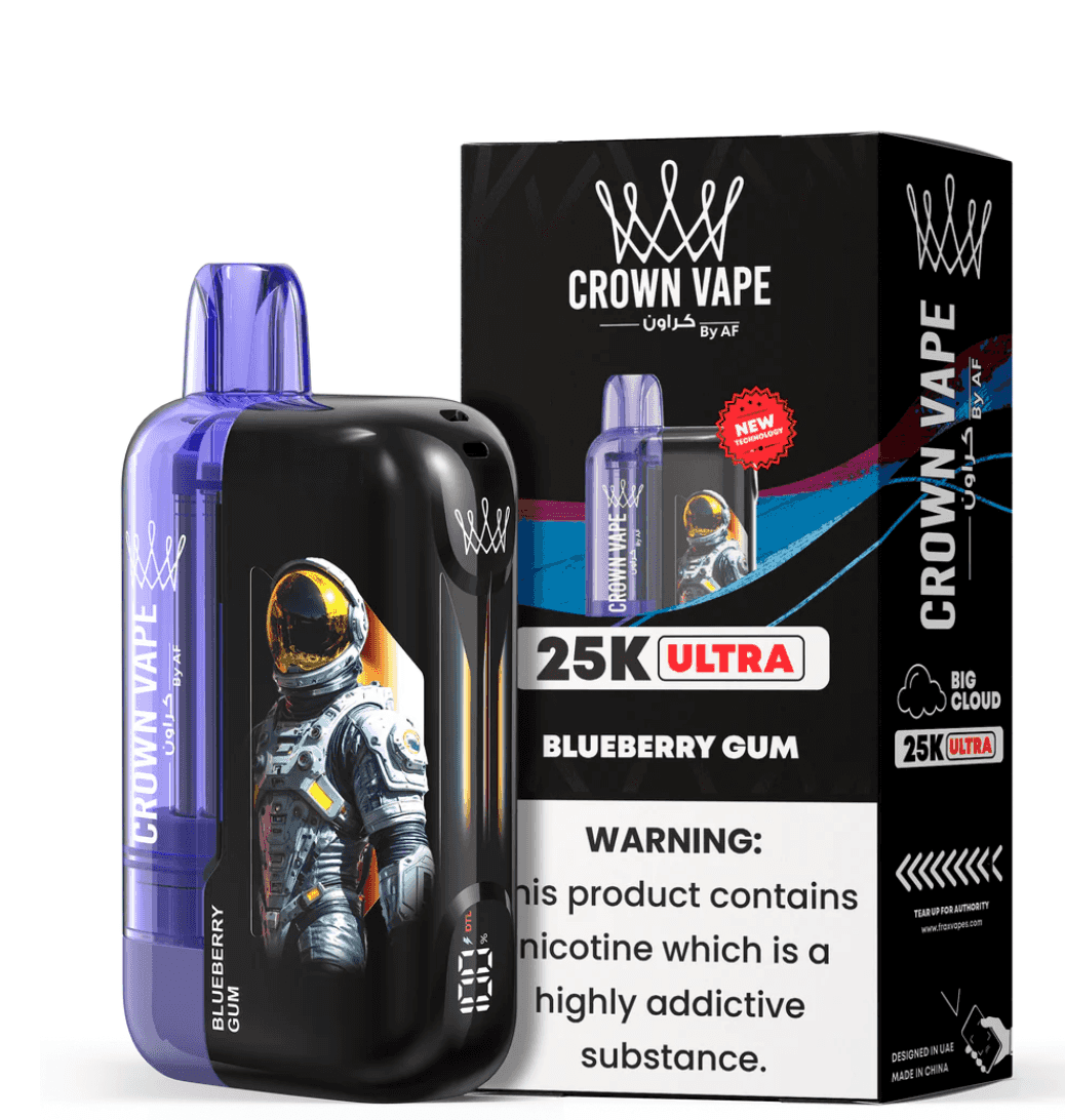 AL Fakher Crown 25k Max - FreeBase 5mg Blueberry Gum vape with astronaut graphic. High-quality vaporizer for rich, fruity shisha flavor.