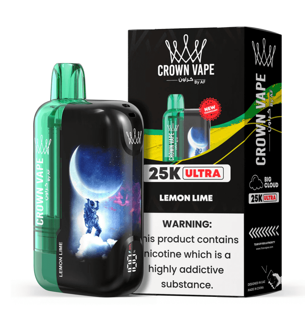 AL Fakher Crown 25k Max - FreeBase 5mg Lemon Lime vape with moon-themed astronaut design. Premium electronic cigarette for citrus shisha fans.