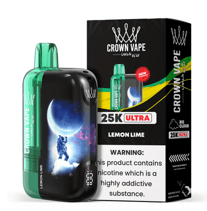 AL Fakher Crown 25k Max - FreeBase 5mg Lemon Lime vape with moon-themed astronaut design. Premium electronic cigarette for citrus shisha fans.