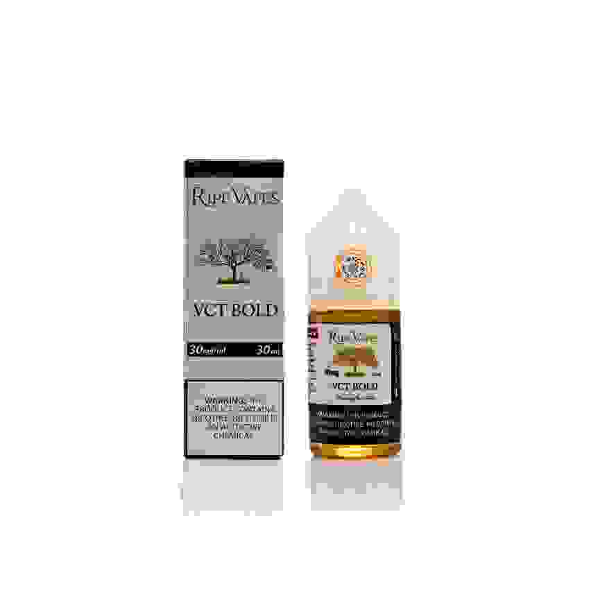 Ripe Vapes VCT Bold Nic Salt 30ml bottle with box, offering a rich vanilla custard tobacco blend for smooth vaping in the e-liquid category.