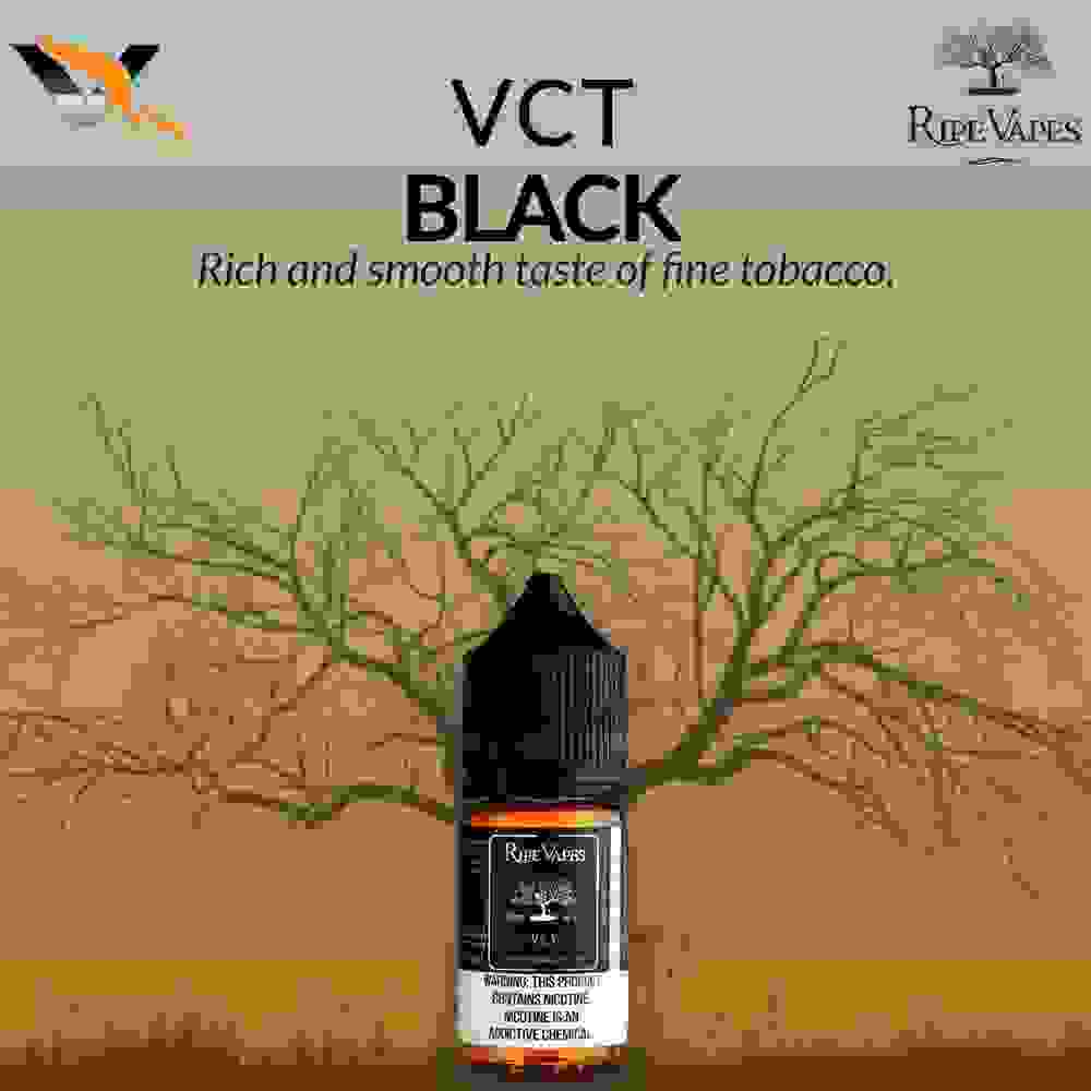 Ripe Vapes VCT Black Nic Salt e-liquid bottle on illustrated background, highlighting rich and smooth fine tobacco flavor for vape users.